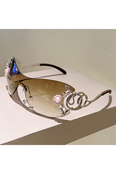 Choice3 as picture shows gradient tea KAMMPT Rimless Y2k Sunglasses with Rhin...
