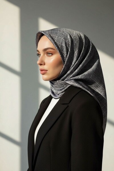 Vissona 100% Twill İpek Etnik Motif Desenli Gri - Siyah Renkli 90x90 Dikim Şe...