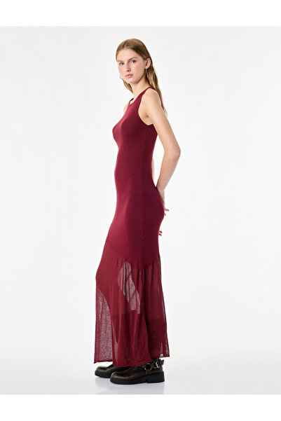 Koton Slim Fit Tulle Detailed Viscose Sleeveless Crew Neck Long Knitwear Dress