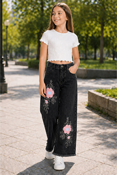 NAWİ 26904-26 Girls' Denim Trousers Wide Leg Floral Embroidery Detailed Tasse...