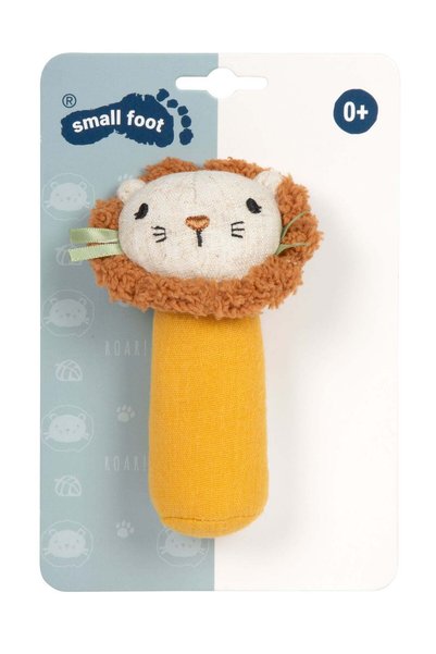 Small Foot Zornăitoare textilă Leușor – Jucărie mini pentru bebeluși, cu mâner moale și sunet discret, perfectă pentru mânuțe mici