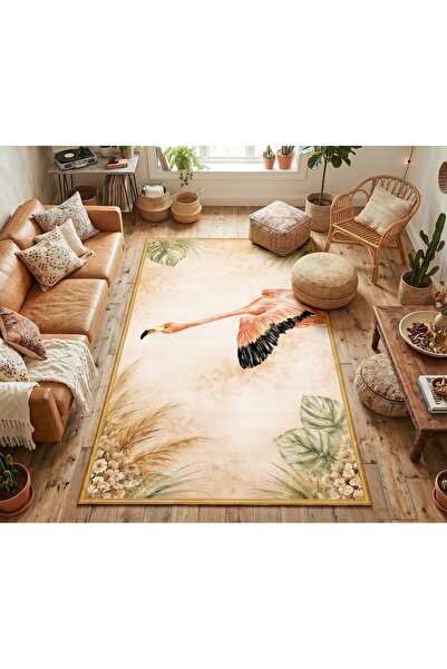 Rugs Modern Halı SDT Flamingo Kuş Desenli Etnik Bordürlü Bej Modern Dokuma Ta...