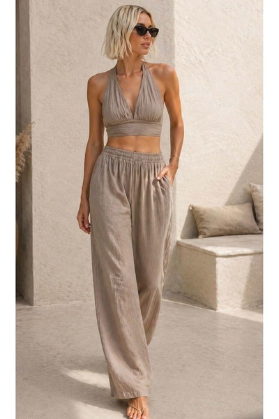 ibeeka Muslin Halter Crop & Wide Leg Set Premium Casual Elegance