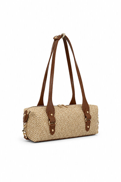 Madamra Γυναικεία τσάντα ώμου Tan Wicker Look, κομψή τσάντα χειρός κυλινδρικο...