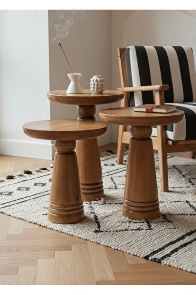 ASELYA HOME Doğal Ahşap 3’lü Set Mantar Yan Sehpa Modern