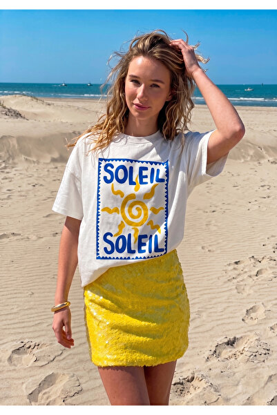 libukes تي شيرت قطني أبيض مطبوع عليه Soleil مقاس كبير