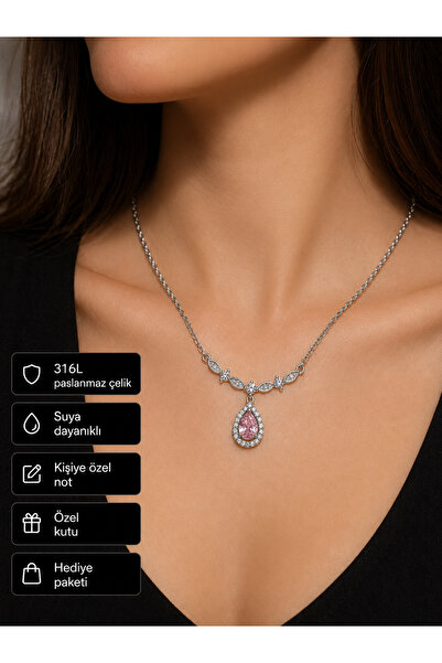 HER ŞEY NOTA www.herseynota.com Pink Drop Stone Women's Necklace Stainless St...