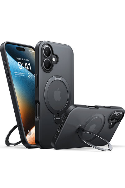 Stef's Cat Θήκη iPhone 16 Plus, Γάτα της Στεφ, Σειρά Ostand Spin MagSafe, Μαύρο