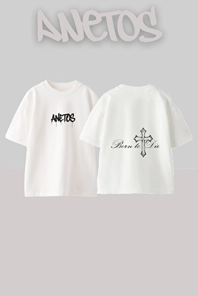 Anetos Μπλουζάκι Born To Day με στάμπα στην πλάτη, βαμβακερό, λευκό, oversized