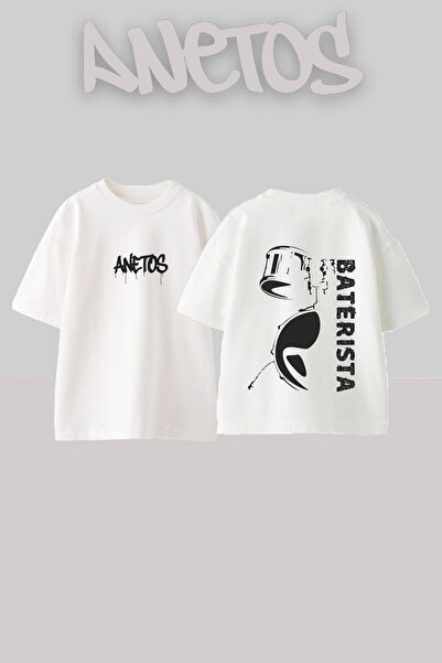 Anetos Μπλουζάκι Baterista Design με στάμπα στην πλάτη, βαμβακερό λευκό oversize