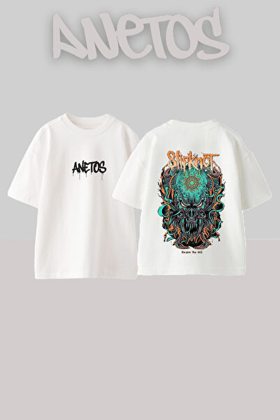 Anetos Tricou oversize alb din bumbac cu imprimeu pe spate Slipknot Monster D...