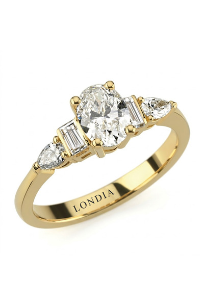 Londia Jewellery 1,05 CT. DOĞAL OVAL PIRLANTA YAN TAŞLI YÜZÜK, 18 AYAR ALTIN