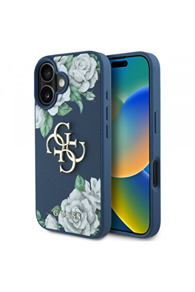 Stef's Cat Husă pentru Apple iPhone 16, Guess, 4G Grained Roses Big Logo, Alb...