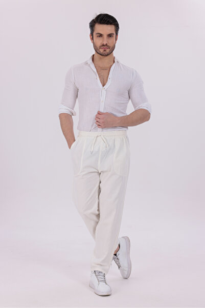 blayn jeans Ανδρικό λευκό παντελόνι jogger με ελαστική μέση και κορδόνια, 100...