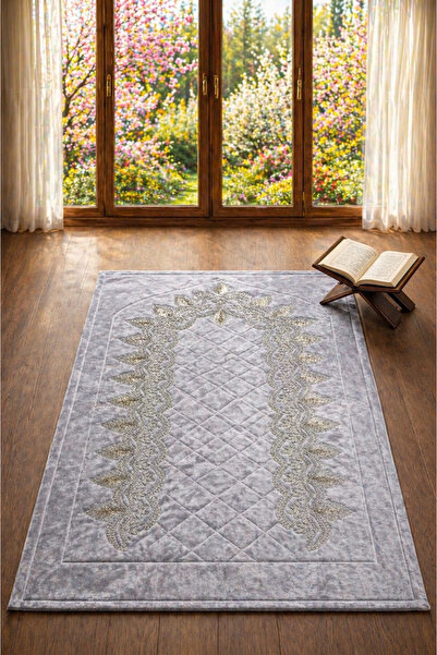 Hig Store Kapitoneli Nakışlı Çeyizlik Seccade.Gri. 70x110 cm