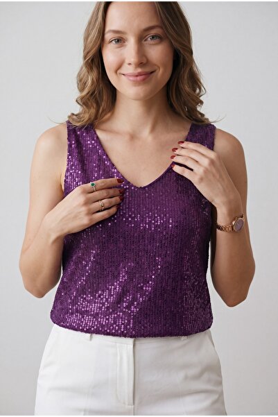 GLOW MUSE Pul Payetli Sıfır Kol Bluz -Mürdüm