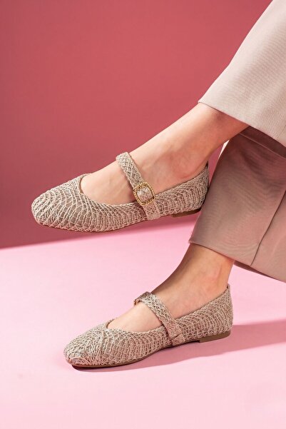 FUGA MODA Minori Beige Knitted Textured Gold Buckle Belted Knitwear Ballerina