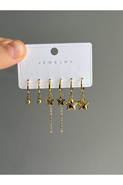 yeknova VIP 14K Gold Renginde Vintage 3 Çift (6adet) Kararmaz Kadın Halka Küp...