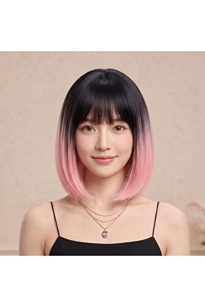 NeednStore Kadın Pembe Ombre Küt Perçemli Peruk - 35 cm serisi 1. Kalite Isıy...