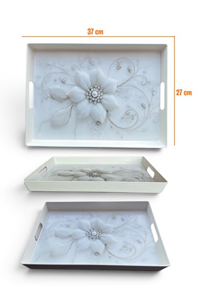 EZMK EV GEREÇLERİ Çay Kahve Sunum Tepsisi, Beyaz Renk, 1 Adet, 37x27 cm