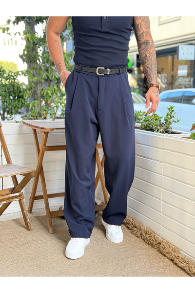manch collection Pleated Korean Cut Trousers Navy Blue