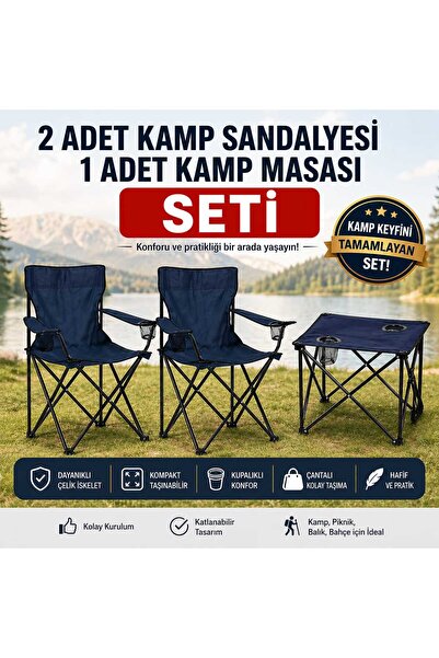 Altınkayaticaret LACİVERT 2 ADET KATLANIR KAMP SANDALYESİ 1 ADET KAMP MASASI ...