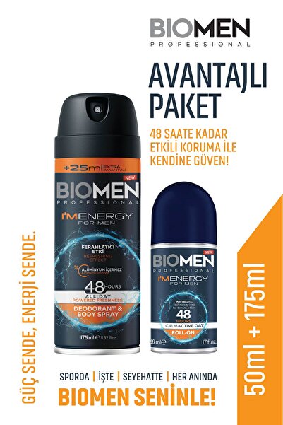 Biomen Body Sprey For Men Ferahlatıcı Etki I'm Energy 175 ml & Roll-On For Me...