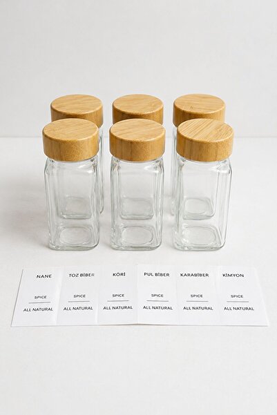 Bev Kitchen Set of 6 Bamboo Lid Square Glass Spice Jars 10 cm