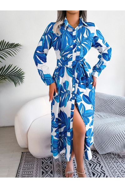 Take Two By Styli Blue All Over Print Maxi Shirt Dress