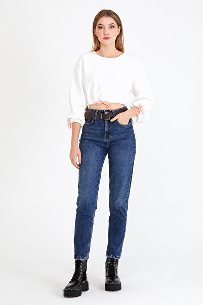 cracpot Kadın Mavi Likralı Mom Jean Pantolon – Yüksek Bel Regular Fit