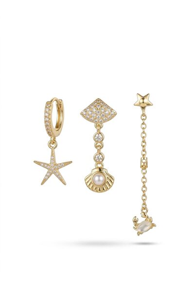 serelya Brass Gold Color Zircon Stone Sea Themed 3-Piece Women's Earrings