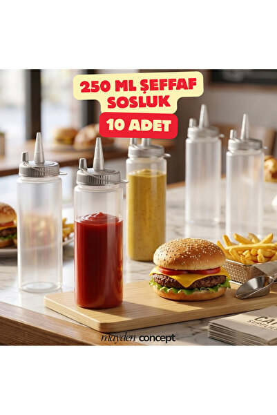 Mayden Concept 250 ml Kapaklı Şeffaf Sosluk 10 Adet - Profesyonel Mutfak Sos ...