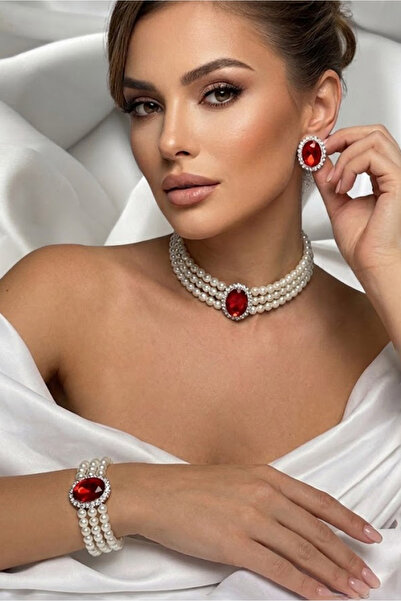 Happyline İncili bal oval taşlı gümüş kaplama cam inci choker kolye tasarım ş...