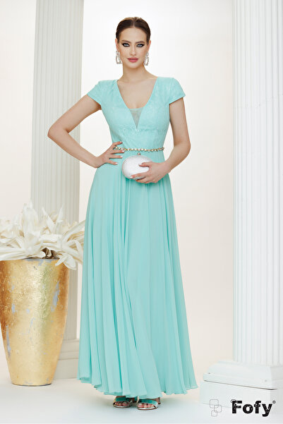 Fofy Long occasion dress made of light aqua veil with silver appliqués at the...