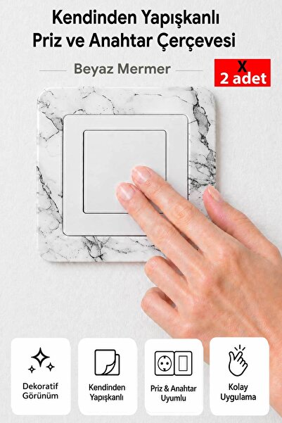 FixCaps Kendinden Yapışkanlı Priz Anahtar Çerçevesi Dekoratif BEYAZ MERMER De...