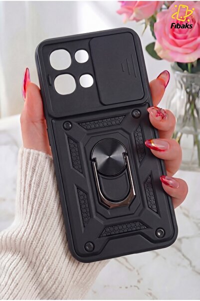 Fibaks Oppo A6 Pro 4G/5G Kılıf Kamera Korumalı Sürgülü 360 Metal Yüzük Askeri...