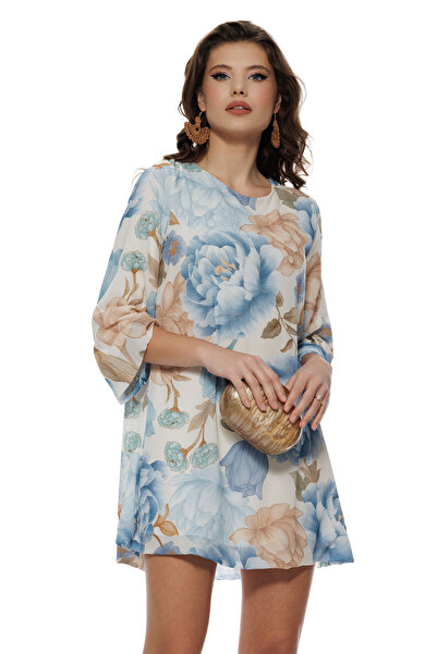 Fofy Rochie diafana din voal cu imprimeu floral baby blue croi in A cu funda ...