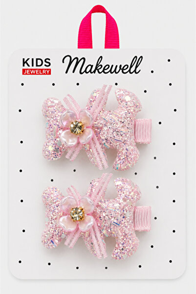 MakeWell Simli Figürlü 2’li Çocuk Klips Toka – Taşlı Çiçek Detaylı Pembe Saç ...