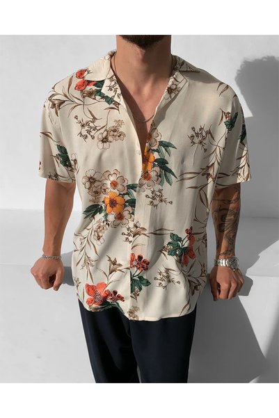 BUPPO Cream Daffodil Flower Patterned Short Sleeve Efil Efil Alaçatı Shirt