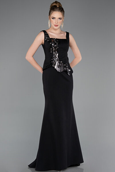 Abiyefon Siyah Kolsuz Kare Yaka Peplum Uzun Balık Abiye ABU5768