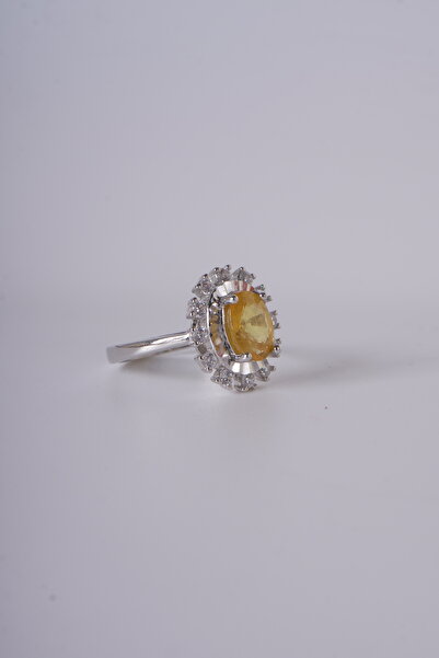 Aksesuaring 7*9mm Sarı Safir Taşlı Gümüş Yüzük