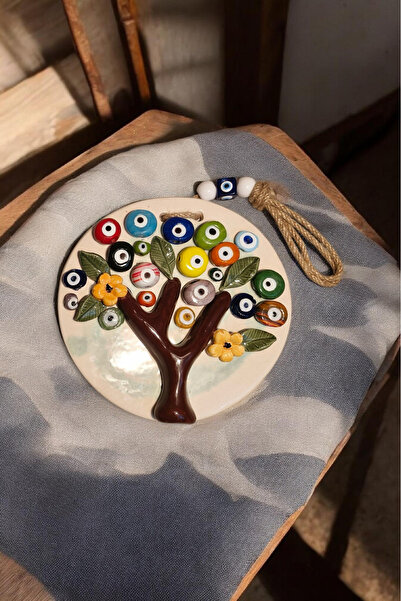 Revard Home Renkli Nazar Boncuklu Doğal Yaşam Ağacı Figürlü Seramik El Yapımı Duvar Dekorasyonu Eşyası 19X19 CM