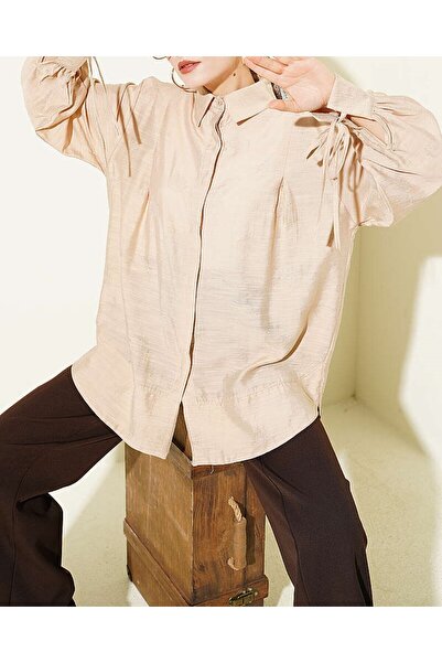 Lavanta Tekstil Oversized Shirt with Wrist Drawstring and Pleated Detail