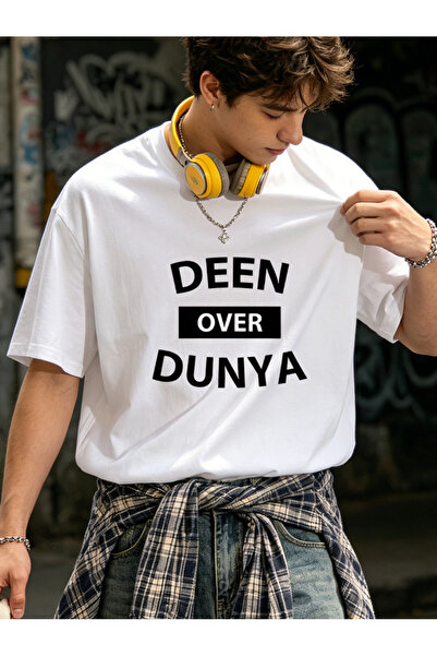 bolivia's تي شيرت رجالي صيفي كاجوال بأكمام قصيرة وطباعة DEEN OVER DUNYA - تصم...