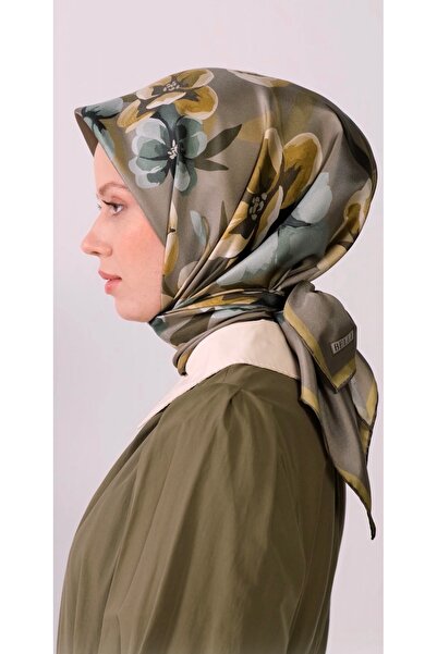 Belli Haki Çiçek Desen %100 Twill İpek Eşarp