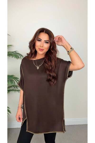 DİDEM GÜLTAKTI Jans Women's Brown Tunic Blouse with Glitter Piping Detail