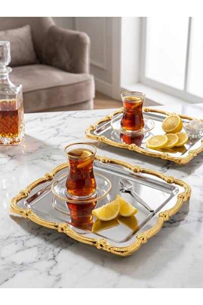 Marla Life 2’li Lüks Barok Tarzı Altın Kenarlı Dekoratif Gümüş Sunum Tepsisi ...