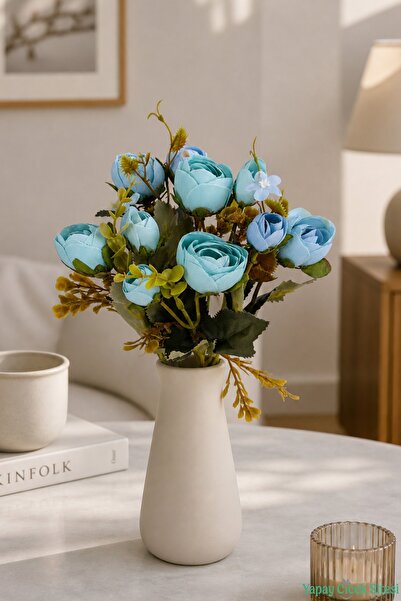 Yapay Çiçek Sitesi Artificial Peony Rose Bunch 31cm Turquoise-Blue