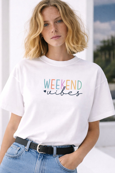 ArtYus Μπλουζάκι Weekend Vibes με στάμπα κειμένου, Unisex Oversize – Βαμβακερ...