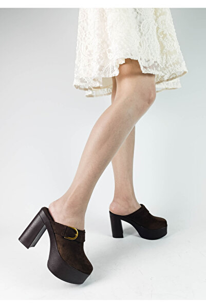 GDT Ayakkabı Brown Suede Thick Heel High Platform Sole Women's Slippers Thick...